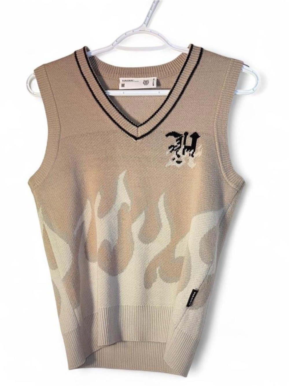 Hades y2k Beige Flame Knit V-Neck Sweater Vest